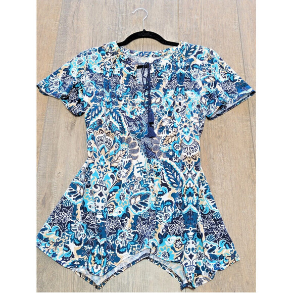 PerSeption Concepts Top Womens Small Blue Print Short Flutter Sleeve Stretch - Picture 1 of 10